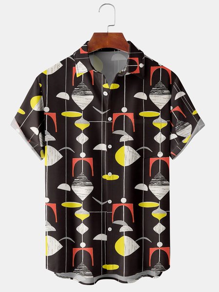 

Casual Art Collection Medieval Stripe Geometric Color Block Pattern Lapel Short Sleeve Shirt Print Top, Black, Shirts ＆ Blouse
