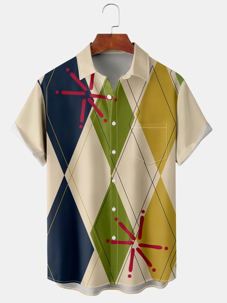 

Casual Art Collection Medieval Stripe Geometric Color Block Pattern Lapel Short Sleeve Shirt Print Top, Light khaki, Shirts ＆ Blouse