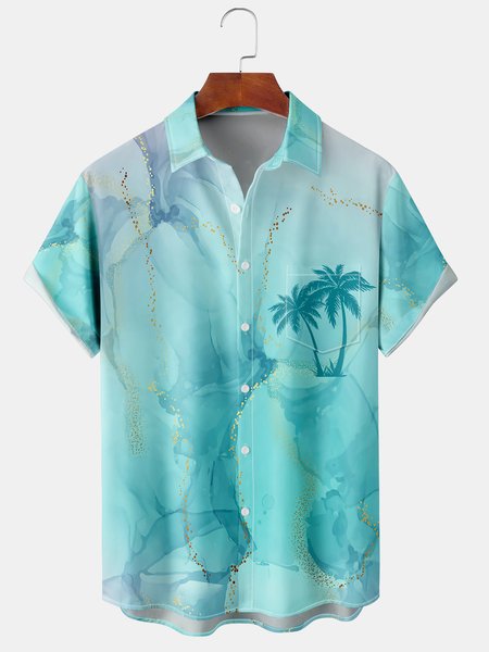 

Resort Style Hawaii Series Gradient Color Marbled Plant Coconut Tree Element Pattern Lapel Short Sleeve Chest Pocket Shirt Printed tTop, Lightgreen, Shirts ＆ Blouse