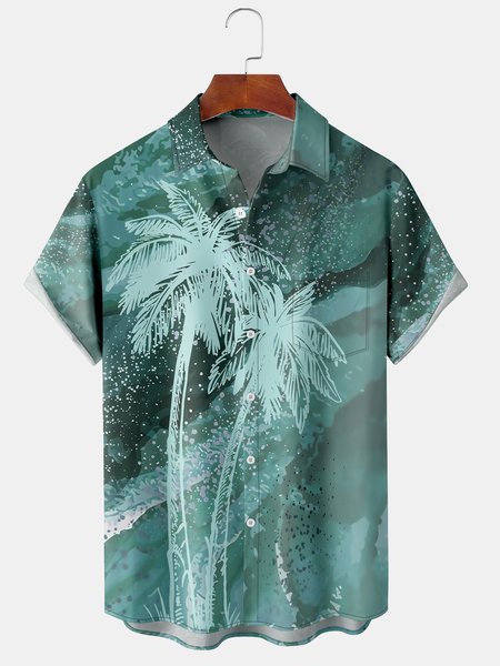 

Resort Style Hawaii Series Gradient Color Plant Coconut Tree Element Pattern Lapel Short-Sleeved Chest Pocket Shirt Printed Top, Light blue, Shirts ＆ Blouse