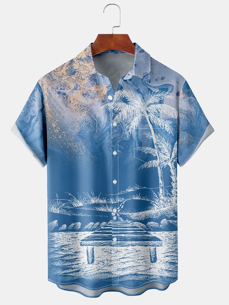 

Resort style Hawaii Series Gradient Color Marbled Plant Coconut Eree Element Pattern Lapel Short Sleeve Chest Pocket Shirt Printed Top, Light blue, Shirts ＆ Blouse