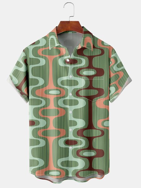 

Casual Art Collection Medieval Stripe Geometric Color Block Pattern Lapel Short Sleeve Shirt Print Top, Green, Short Sleeve Shirts