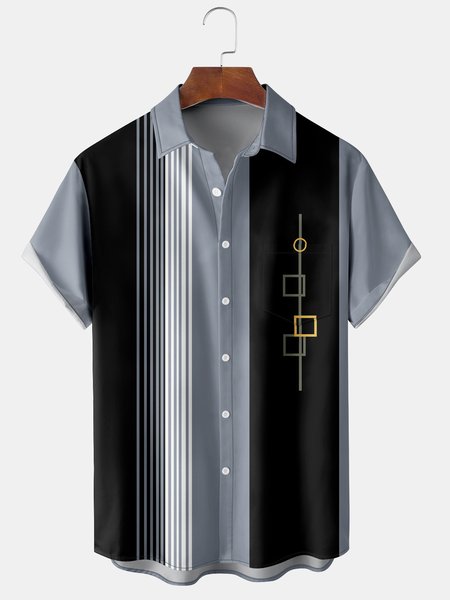 

Men's Striped Geometric Print Casual Breathable Hawaiian Short Sleeve Shirt, Black, Short Sleeve Shirts