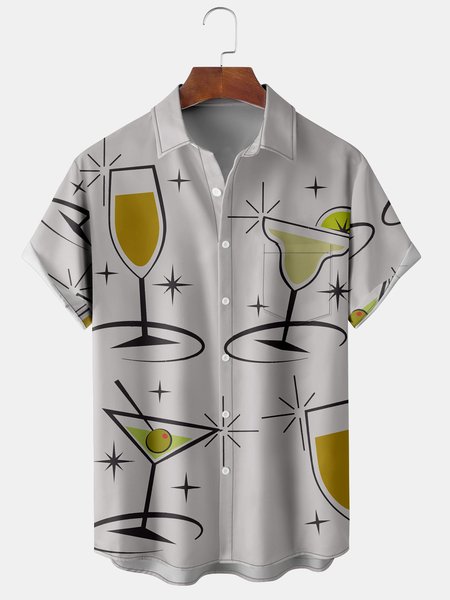 

Men's Cocktail Print Casual Breathable Hawaiian Short Sleeve Shirt, Light gray, Short Sleeve Shirts