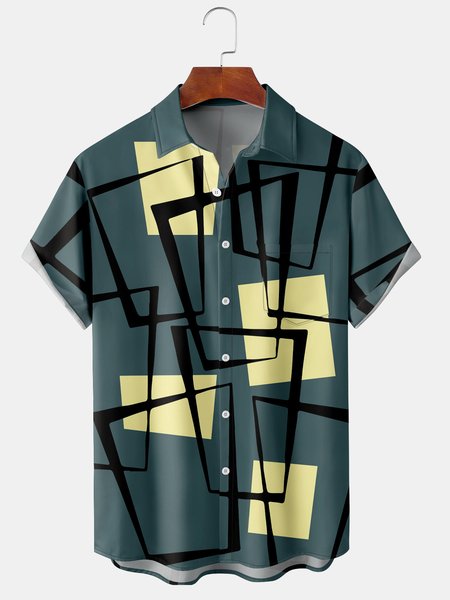 

Men's Geometric Print Casual Breathable Hawaiian Short Sleeve Shirt, Green, Short Sleeve Shirts