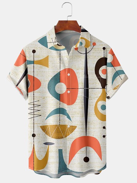 

Casual Art Collection Mid-Century Retro Stripes Geometric Color Block Pattern Lapel Short Sleeve Shirt Print Top, Multicolor, Shirts ＆ Blouse