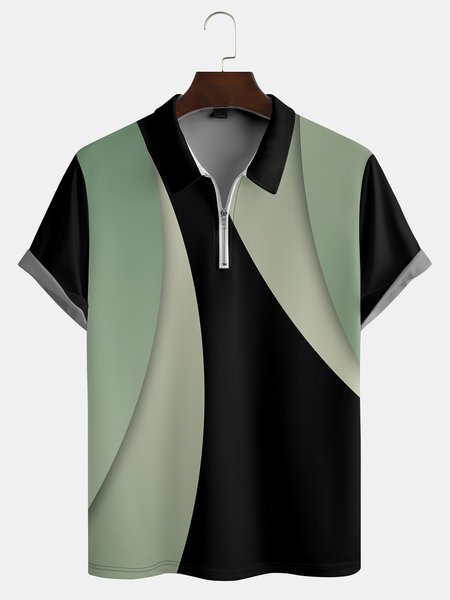 

Casual Art Collection Gradient Geometric Stripes Color Block Pattern Lapel Short Sleeve Polo Print Top, Black, Polos