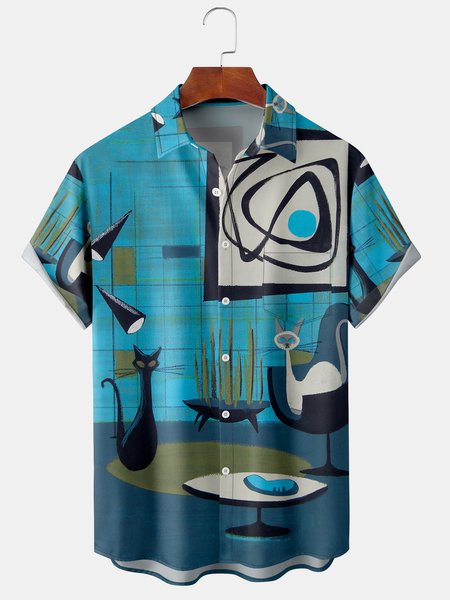 

Mens Mid Century Print Front Buttons Soft Breathable Chest Pocket Casual Hawaiian Shirt, Blue, Short Sleeve Shirts