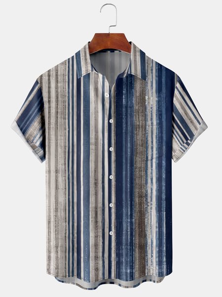 

Casual Art Collection Striped Geometric Color Block Pattern Lapel Short Sleeve Shirt Print Top, Blue, Short Sleeve Shirts