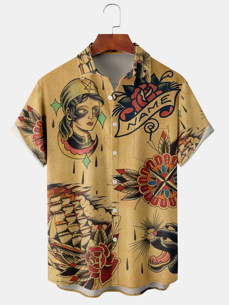 

Holiday Style Hawaiian Series Kraft Paper Color Retro Beauty Element Pattern Lapel Short-Sleeved Chest Pocket Shirt Printed Top, Deep khaki, Shirts ＆ Blouse