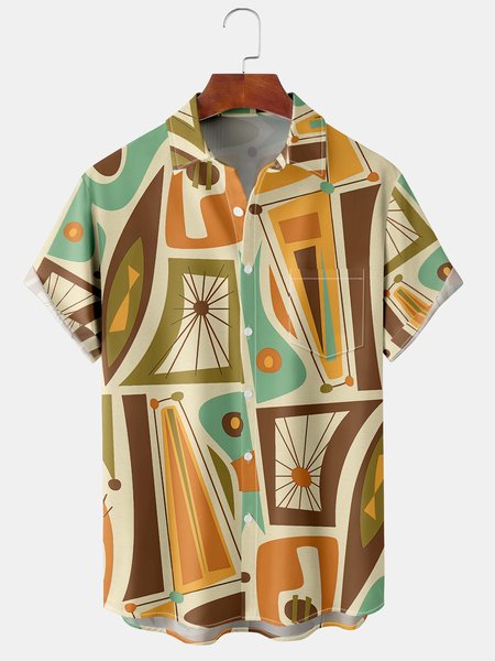 

Casual Art Collection Medieval Stripe Geometric Color Block Pattern Lapel Short Sleeve Shirt Print Top, Khaki, Shirts ＆ Blouse