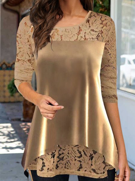 

Casual Plain Lace Panel Crew Neck Long Sleeve Top, Deep khaki, Shirts & Blouses
