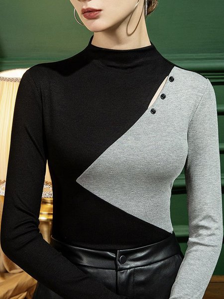 

Women Color Block Simple Autumn Polyester High Elasticity Tight Long sleeve Regular Regular Size T-shirt, Black-grey, Tees