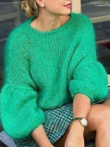 

Women Plain Simple Autumn Lantern Sleeve Daily Regular Regular Medium Elasticity Regular Size Sweater, Green, Sweaters