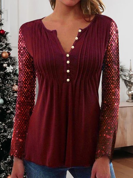 

Casual Plain Sequin Long Sleeve Pullover Top, Deep red, Shirts & Blouses