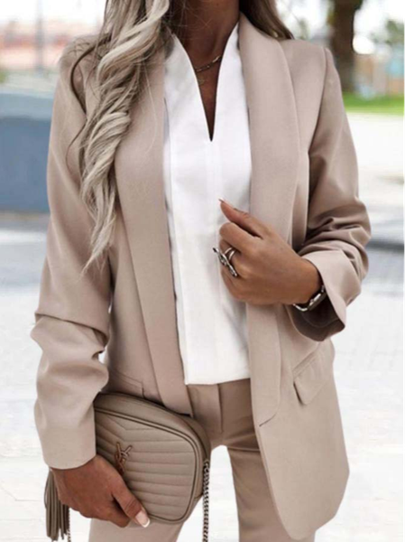 

Casual Plain Autumn Polyester Natural Holiday Long sleeve Regular Regular Size Blazer for Women, Khaki, Coats