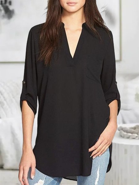 

Casual Plain Autumn V neck High Elasticity Daily Mid-long H-Line Regular Size Blouse for Women, Black, Blouses & Shirts