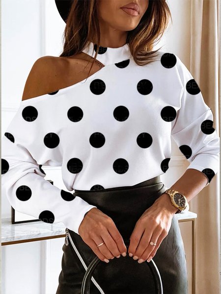 

Urban Cold Shoulder Polka Dots Long Sleeve Top, White, Tops