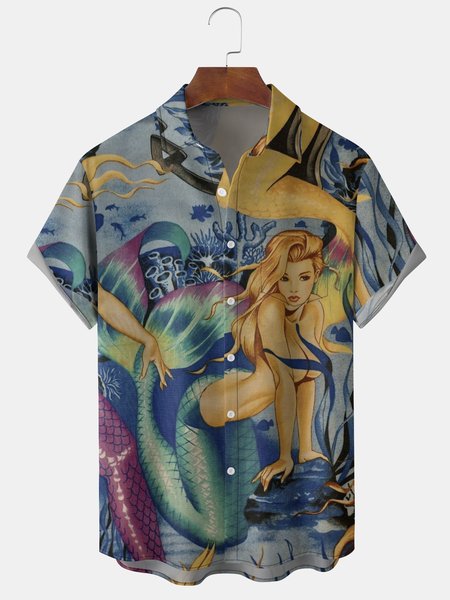 

Men's Mermaid Print Anti-Wrinkle Moisture Wicking Fabric Fashion Hawaiian Lapel Short Sleeve Shirt, Blue, Short Sleeve Shirts
