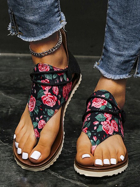 

Rose Print Lace-up Thong Sandals, As picture, Sandals & Slippers
