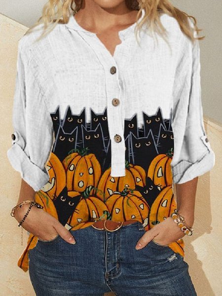 

Women Casual Autumn Cat Polyester Stand Collar Lightweight Halloween Regular H-Line Blouse, Multicolor, Shirts & Blouses