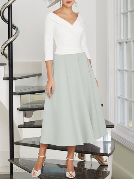 

Elegant V Neck Color Block Three Quarter Dress, As picture, Maxi Dresses