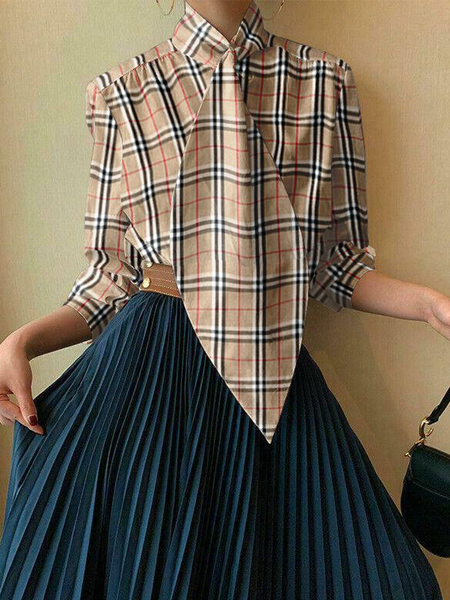 

Plaid Autumn Urban Polyester No Elasticity Daily Long sleeve Regular Regular Blouse for Women, Khaki, Blouses and Shirts
