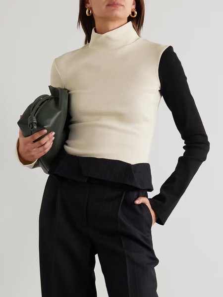 

Color Block Simple Autumn Polyester Tight Long sleeve Regular S-Line Regular Size T-shirt for Women, Black-white, Tees