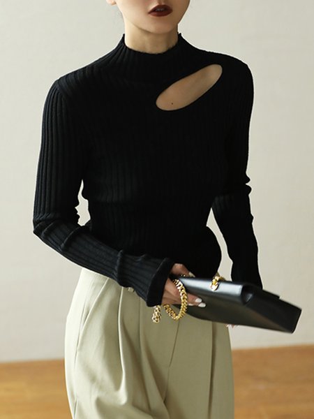 

Half Turtleneck Long sleeve Fit Simple Plain Sweater, Black, Sweaters