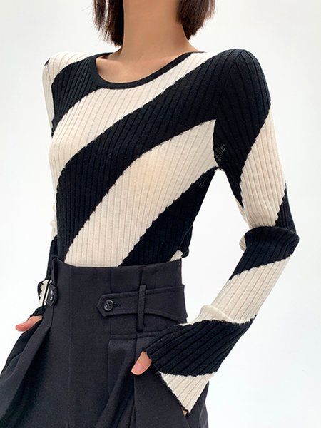 

Striped Simple Autumn Acrylic Natural High Elasticity Regular Fit Pullover Regular Sweater for Women, White, Sweaters
