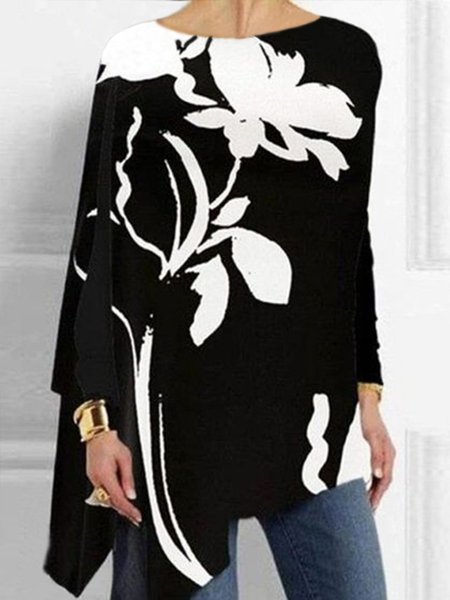 

Daily Crew Neck Floral Printed Long Sleeve Blouse, Black, Blouses and Shirts