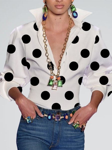 

Women Polka Dots Simple Autumn Polyester No Elasticity Long sleeve Regular T-Line Regular Size Blouse, Black-white, Blouses and Shirts