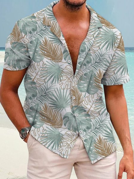 

Mens Leaf Print Holiday Leisure Short sleeve Shirt, As picture, Short Sleeve Shirts