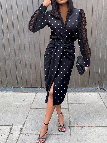 

Polka Dots Autumn Elegant V neck Natural No Elasticity Daily Midi H-Line Dresses for Women, Black, Midi Dresses