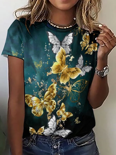 

Womens Gold Accent Butterflies Crew Neck T-Shirt, As picture, T-shirts