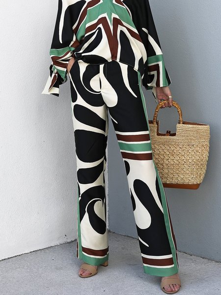 

Regular Fit Color Block Fashion Wide Leg Pants, Black-green, Pants