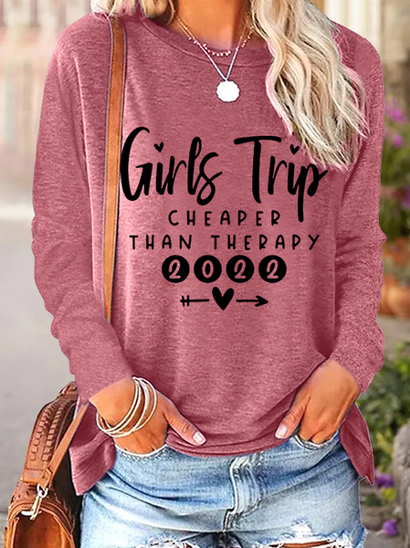 

Girls Trip 2022 Cheaper Than Therapy Cotton-Blend Crew Neck Top, Pink, Long sleeves