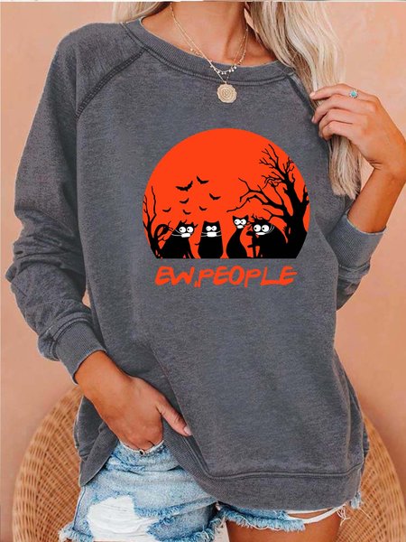

Women Halloween Black Cats Loose Crew Neck Cotton Sweatshirts, Gray, Hoodies&Sweatshirts