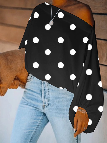 

Polka Dots Autumn Urban No Elasticity Loose Long sleeve H-Line Regular Regular Size Blouse for Women, Black, Blouses and Shirts