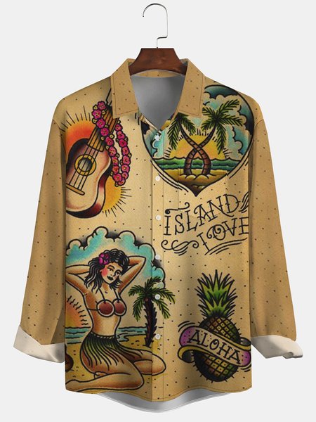 

Men's Hawaiian Coconut Tree and Hula Beauty Print Casual Breathable Long Sleeve Shirt, Khaki, Long Sleeve Shirts