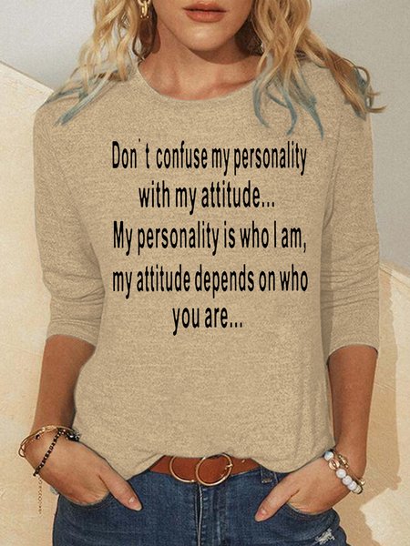 

Womens Funny Letter Long sleeve Casual Top, Beige, Long sleeves