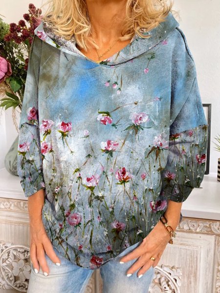 

Casual Floral Autumn Spandex Micro-Elasticity Daily Regular T-Line Regular Size Sweatshirts for Women, Blue, Sweatshirts & Hoodies