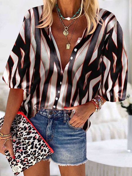 

Women Striped Casual Autumn Buttoned Stand Collar Micro-Elasticity Daily Open Front Regular Blouse, Multicolor, Shirts & Blouses