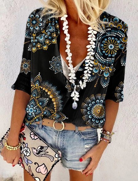 

Ethnic Casual Loose Tops, Black, Blouses & Shirts