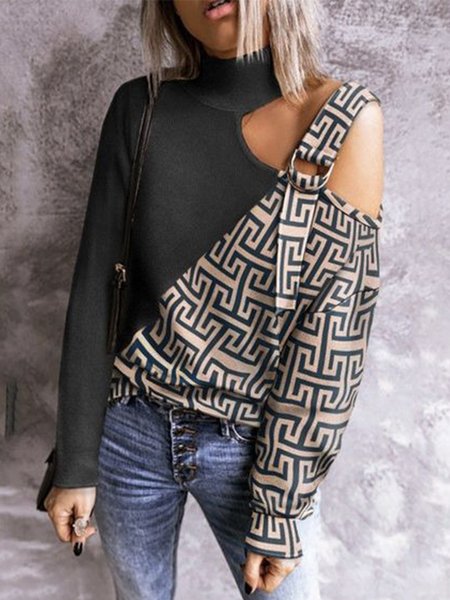 

Geometric Autumn Urban Daily Long sleeve Turtleneck Regular H-Line Regular Sweater for Women, Black-coffee, Sweaters