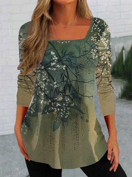 

Floral Casual Square Neck Loose Top, Green, Shirts & Blouses
