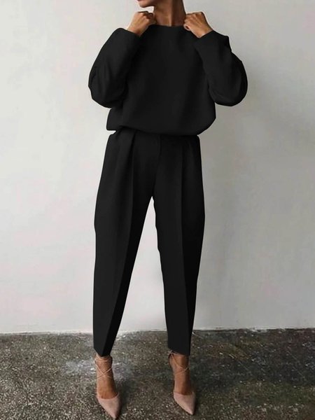 

Simple Plain Two Piece Pants Set, Black, Two-piece Set