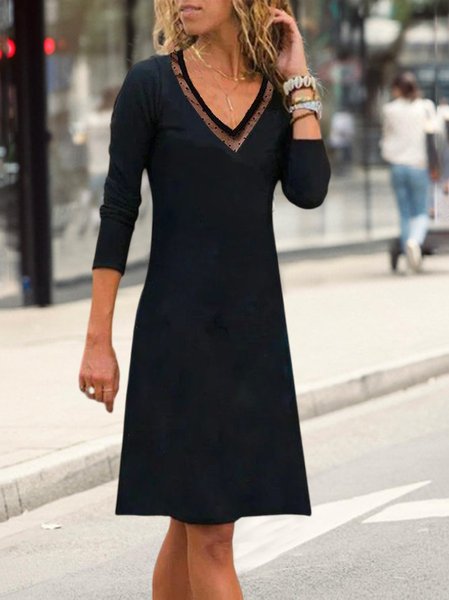 

Plain Lace Panel V-Neck Long-Sleeve Knit Dress, Black, Dresses