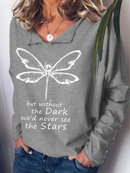 

Women Dragonfly Dark Stars Letters Shawl Collar Regular Fit Sweatshirt, Gray, Hoodies&Sweatshirts