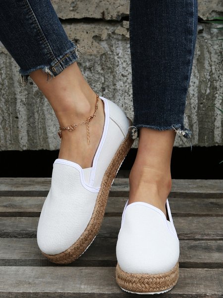 

Black White Canvas Straw Platform Loafers, Flats